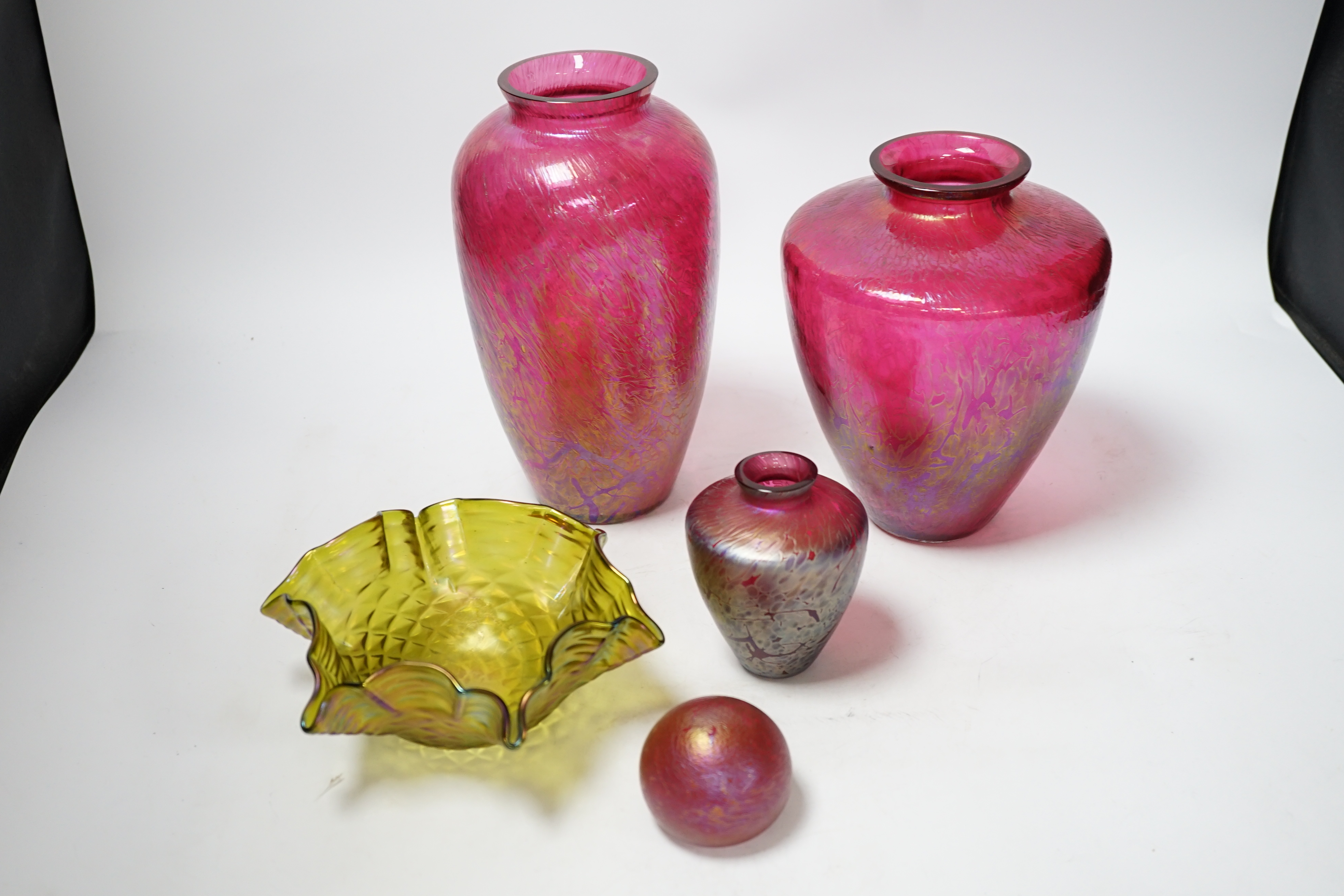 Four Royal Brierley glass pieces and a Loetz style dish, largest 23cm high